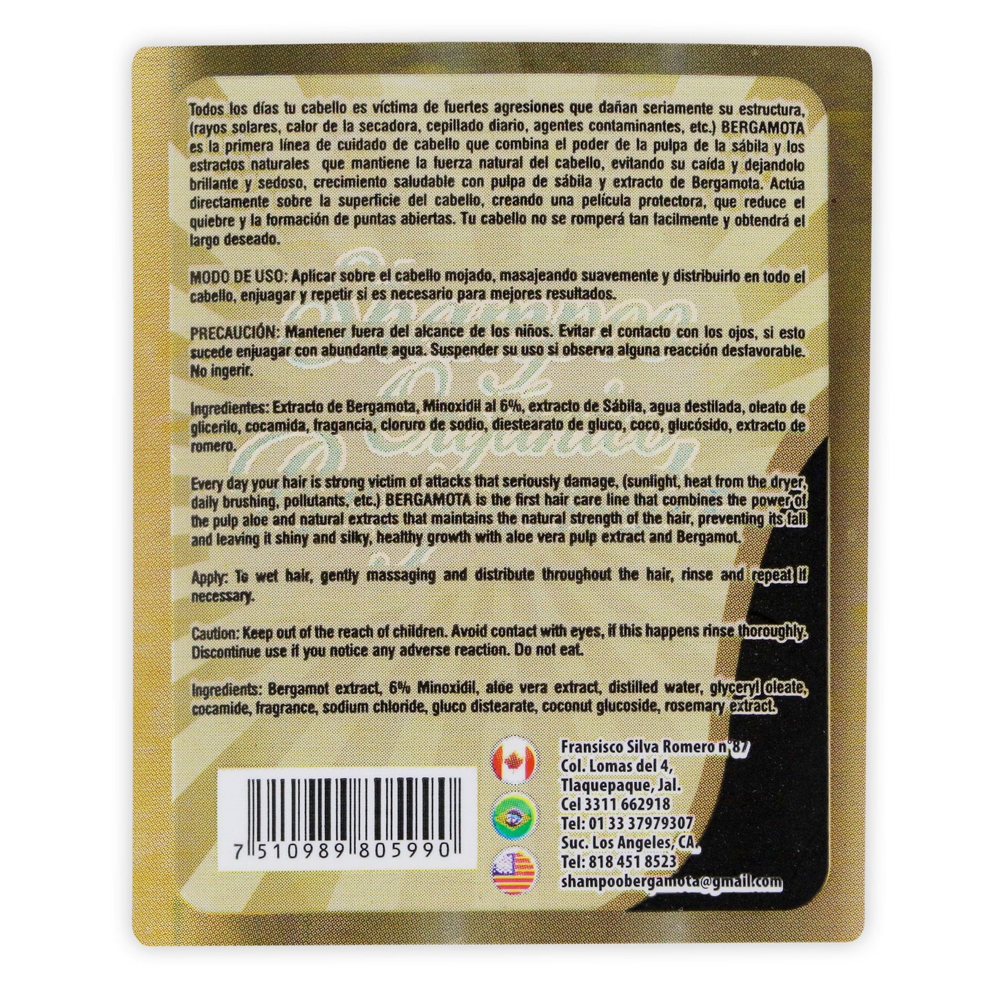 Shampoo Organico Bergamota Minoxidil Cafe premium 450 ml