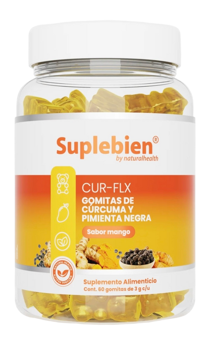 CUR-FLX  Gomitas de cúrcuma y pimienta negra sabor mango. 60 gomitas.