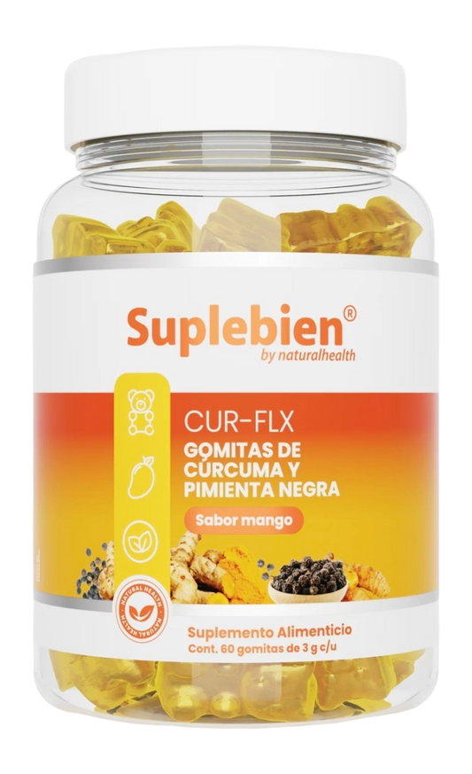 CUR-FLX  Gomitas de cúrcuma y pimienta negra sabor mango. 60 gomitas.