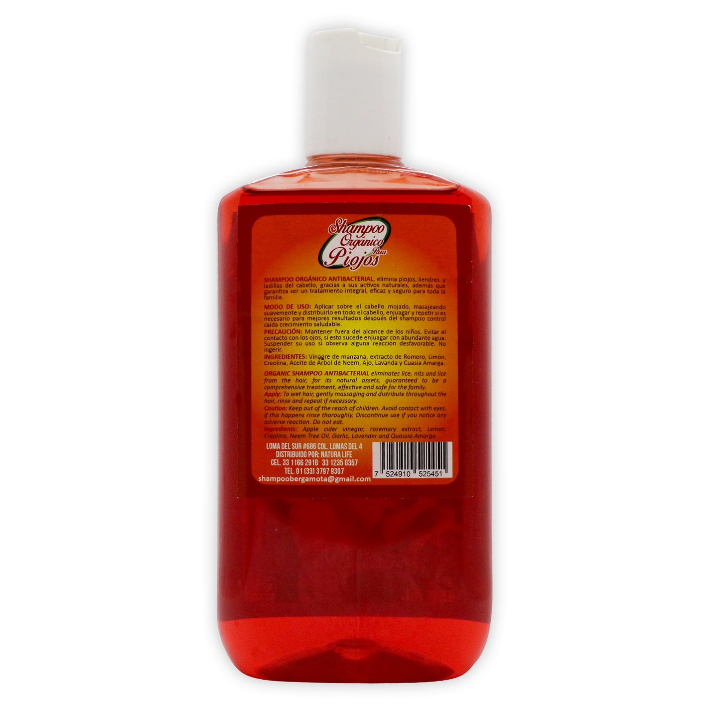 Shampoo Organico Piojos Rojo 450 ml