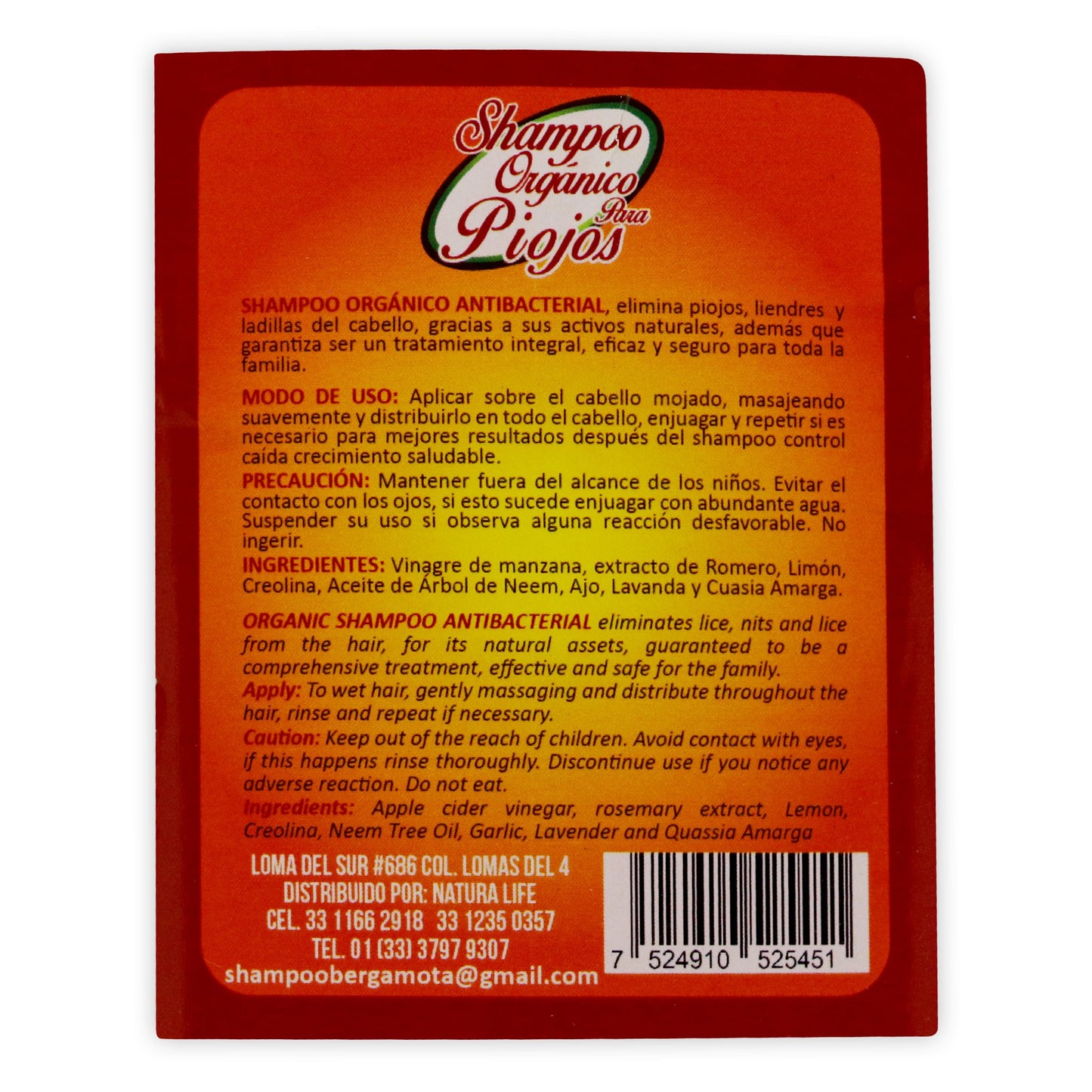 Shampoo Organico Piojos Rojo 450 ml